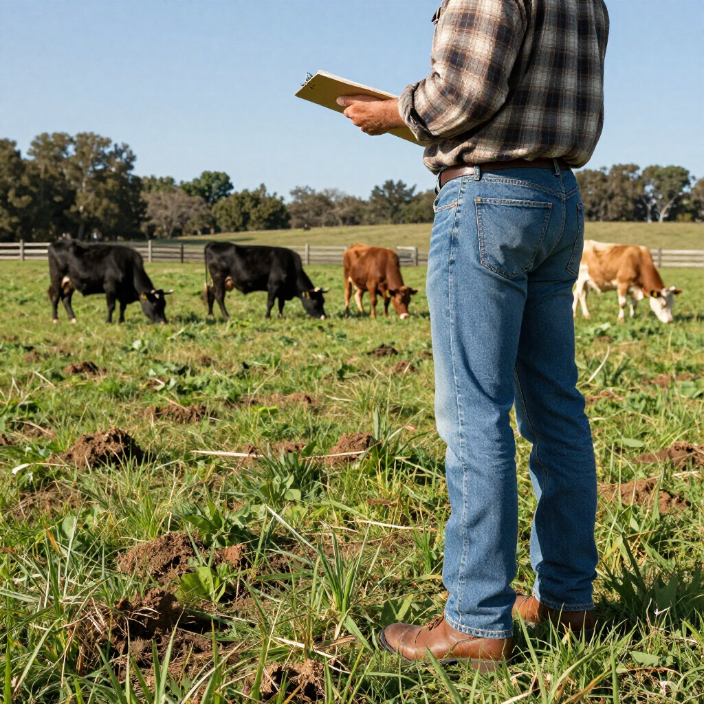 A person in a plaid shirt and jeans holds a clipboard while standing in a grassy field with grazing cattle.