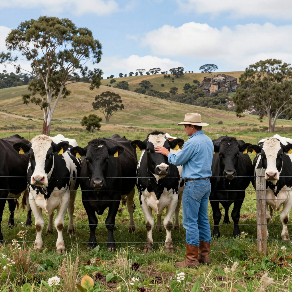 A farmer in a hat and blue shirt stands by a wire fence, petting a black and white cow among a herd in a rural field.