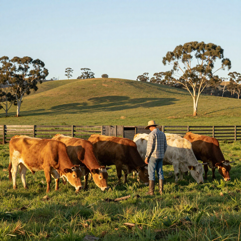 A farmer in a hat and flannel stands in a grassy field with a small herd of cows, with rolling hills and trees behind.