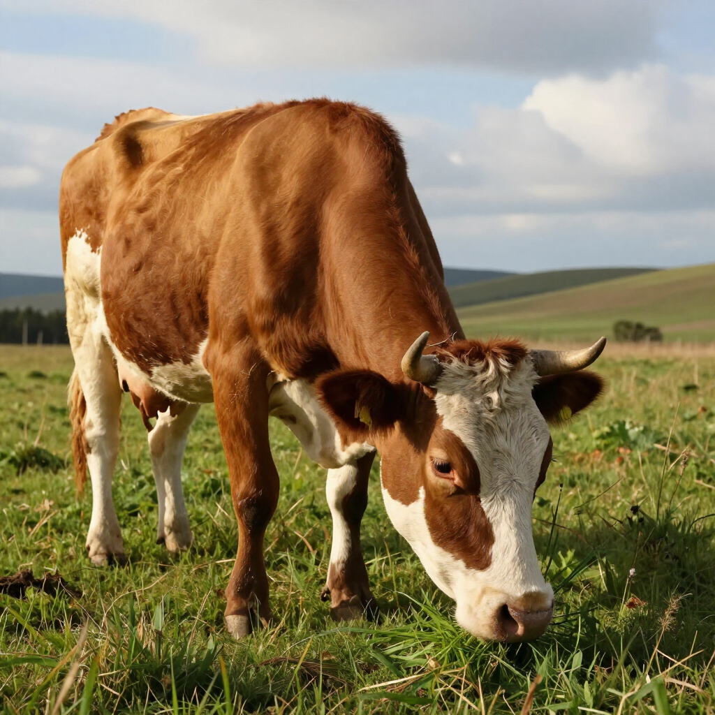 A brown and white cow with short horns grazing in a grassy field under a cloudy sky.