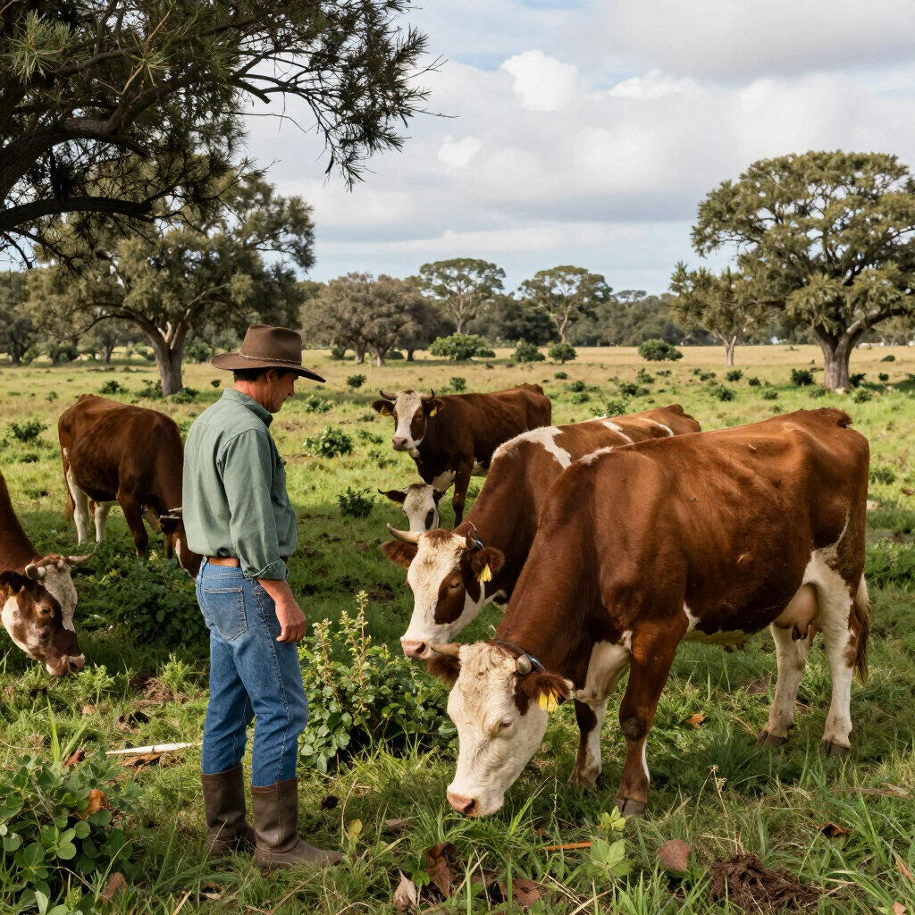 Farmer standing with brown-and-white cows grazing in a green pasture under scattered trees