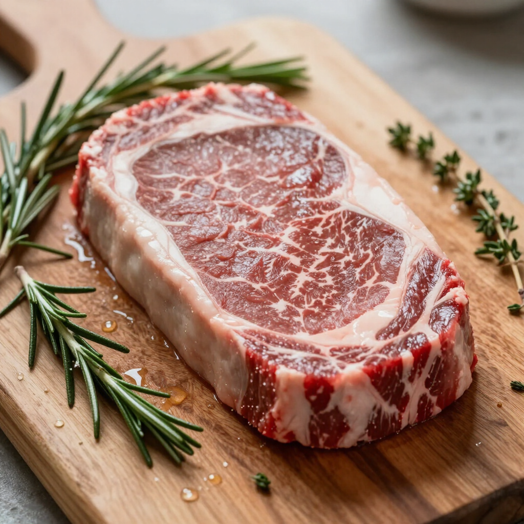 A raw ribeye steak sits on a wooden cutting board, garnished with fresh sprigs of rosemary and thyme.