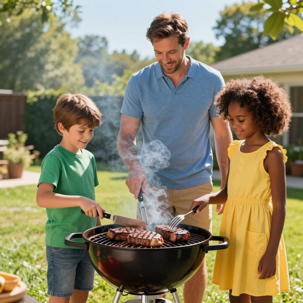 Three people grilling outdoors in a sunny backyard, with smoke rising from the barbecue.