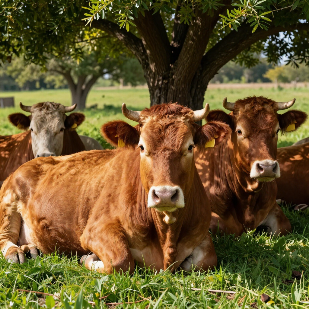 Three brown cows rest in the shade of a tree in a sunny, green pasture.
