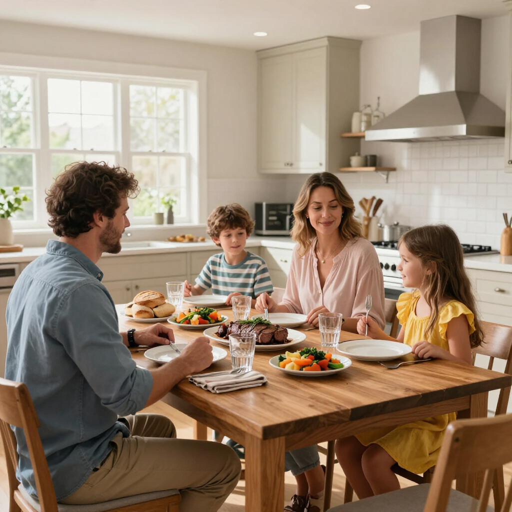 Family gathered around a dining table in a bright kitchen, sharing a meal together
