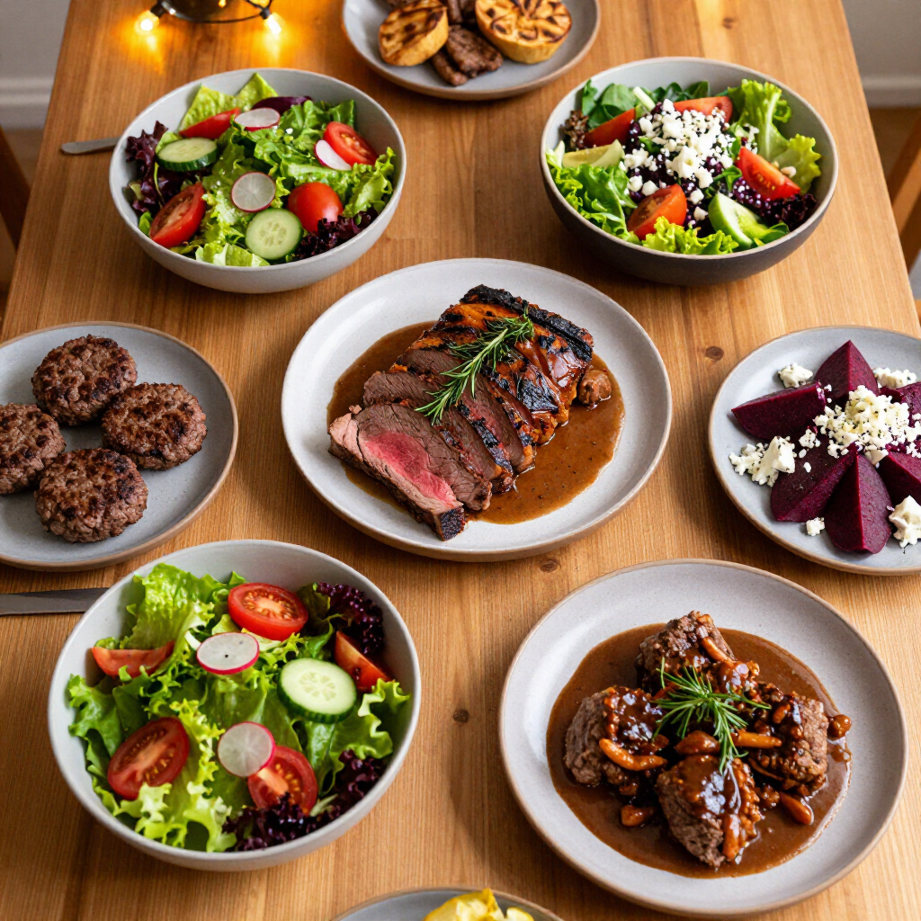 A wooden table set with plates of sliced steak, meatballs, salads, and beet salad, illuminated by warm string lights.