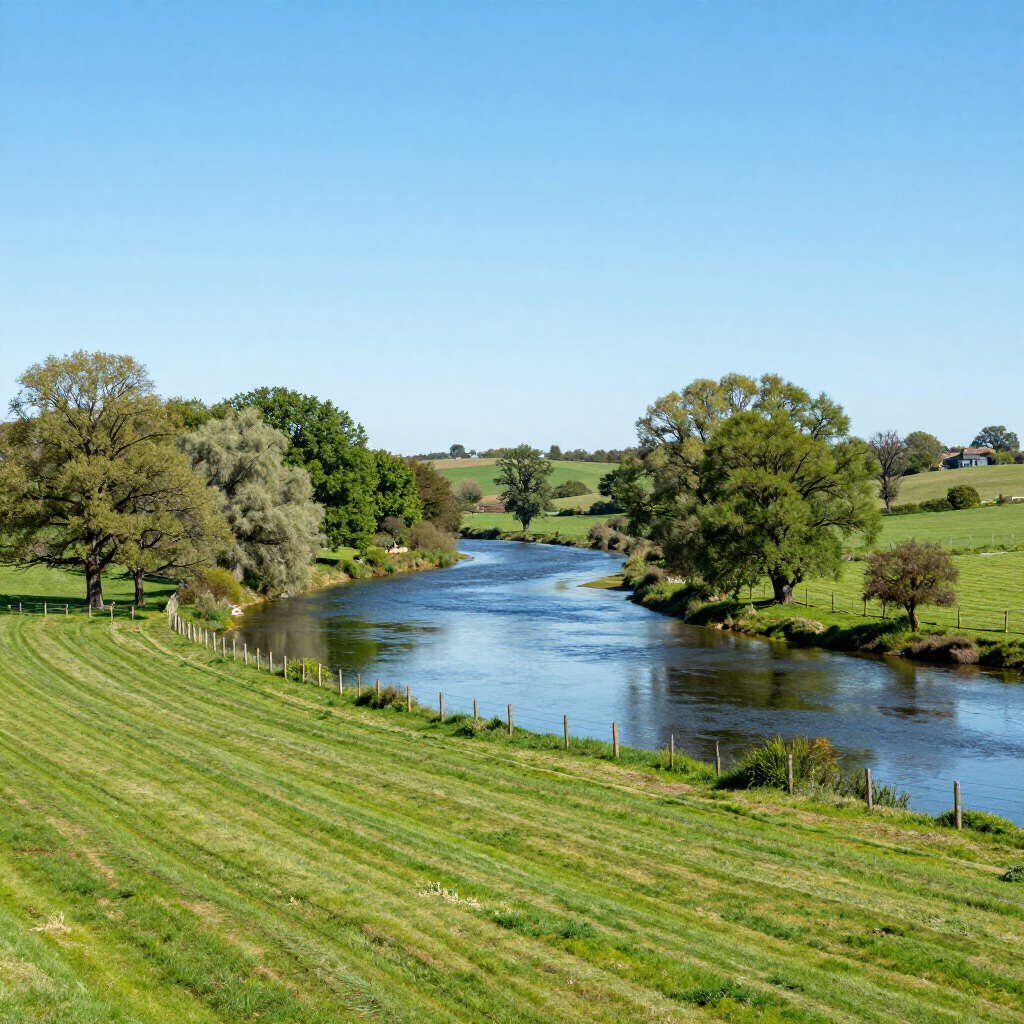 A calm river winds through a lush, green countryside landscape under a clear blue sky, bordered by trees and grassy fields.