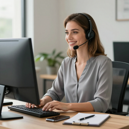 A professional wearing a headset smiles while typing on a keyboard at a desk with a computer monitor and notepad.