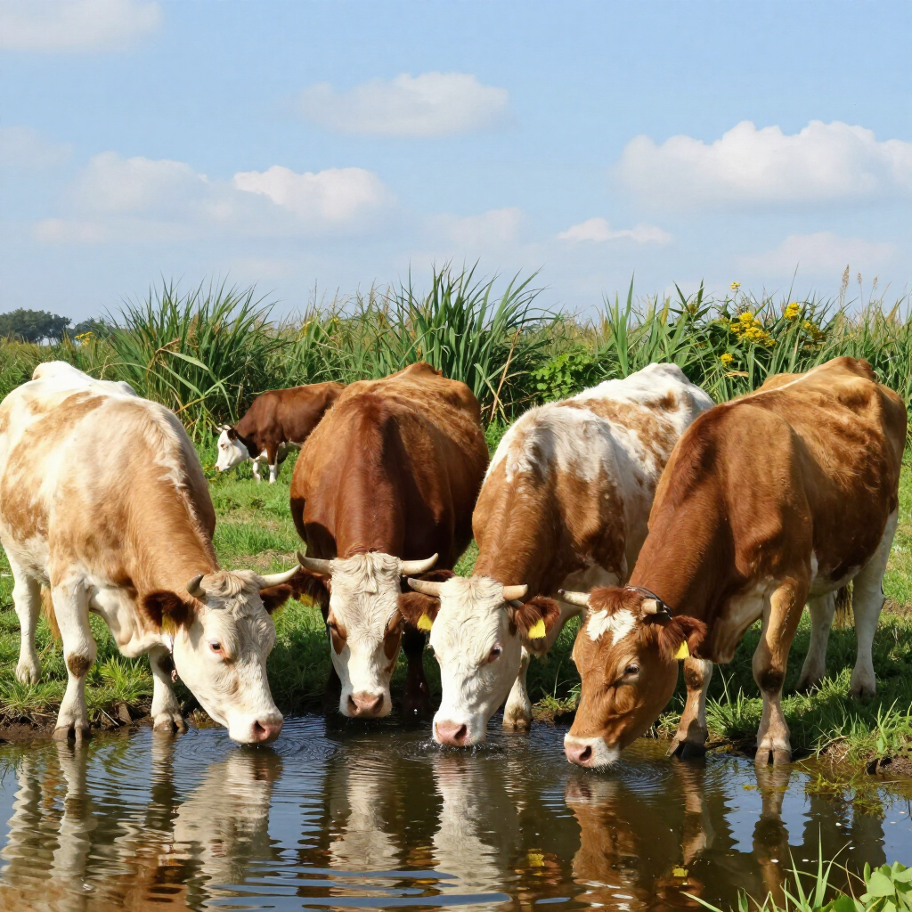 A herd of brown and white cows standing in a grassy field drinking water from a pond under a blue sky.