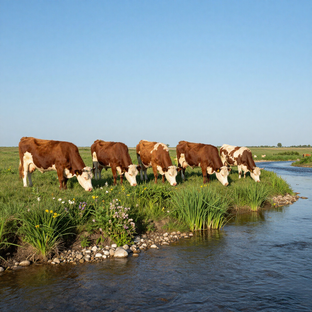 Cows grazing on a grassy riverbank beside a winding stream under a clear blue sky