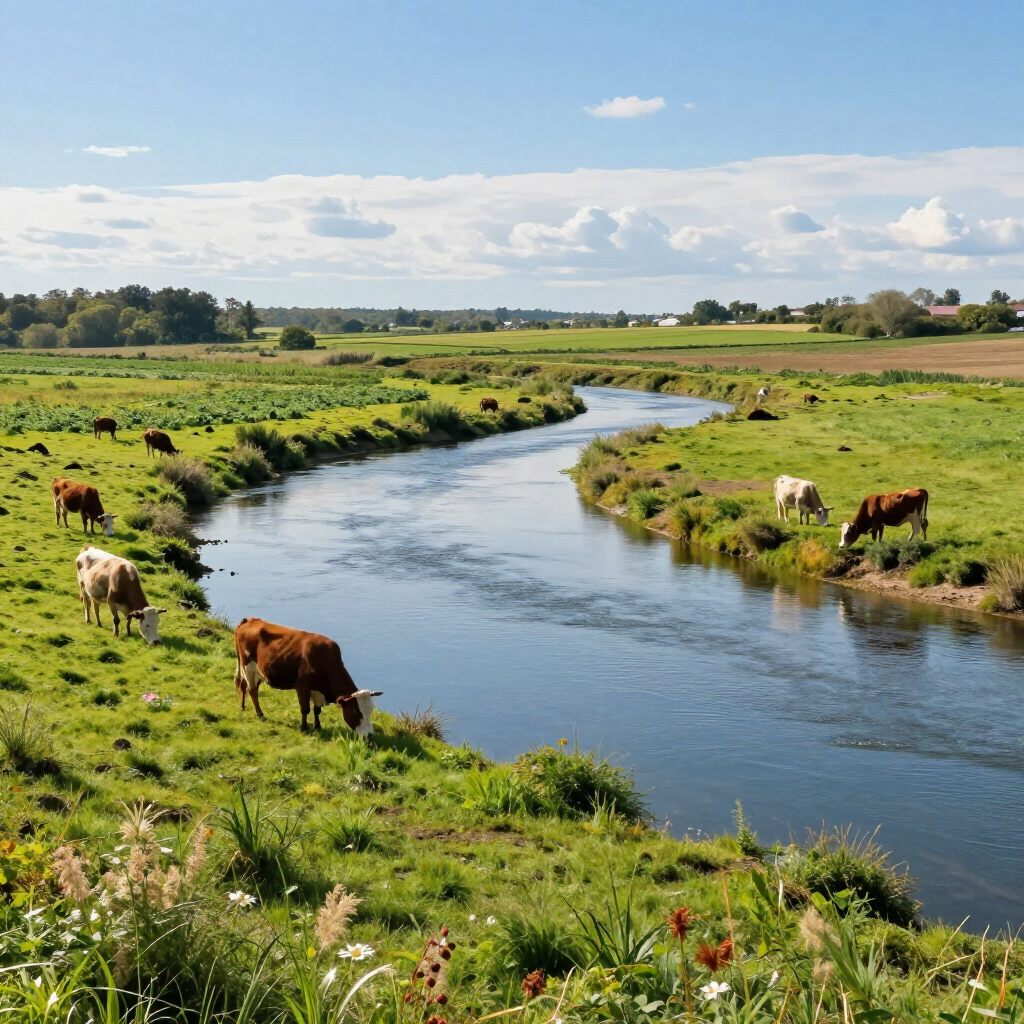 Cows graze on the grassy banks of a winding river in a pastoral, countryside landscape under a blue sky.