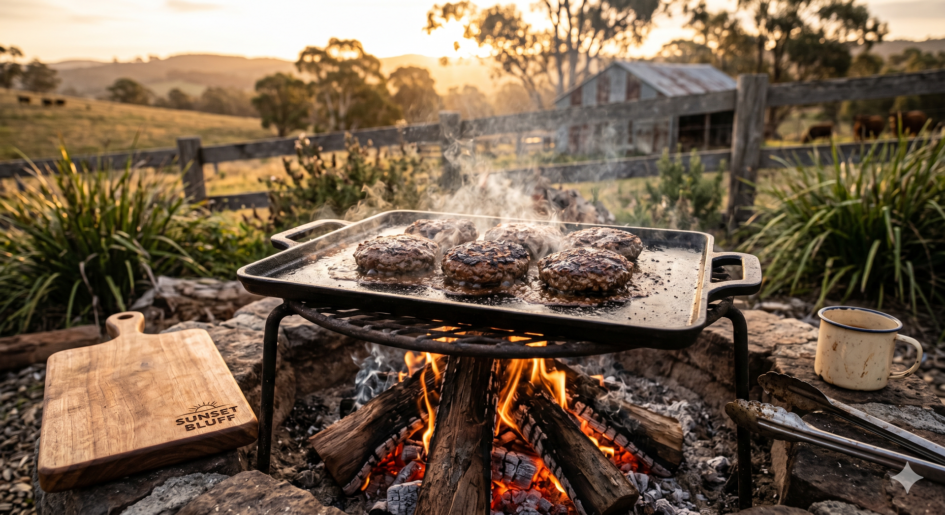 A black barrel smoker grilling meat outdoors beside a charcoal bag at sunset