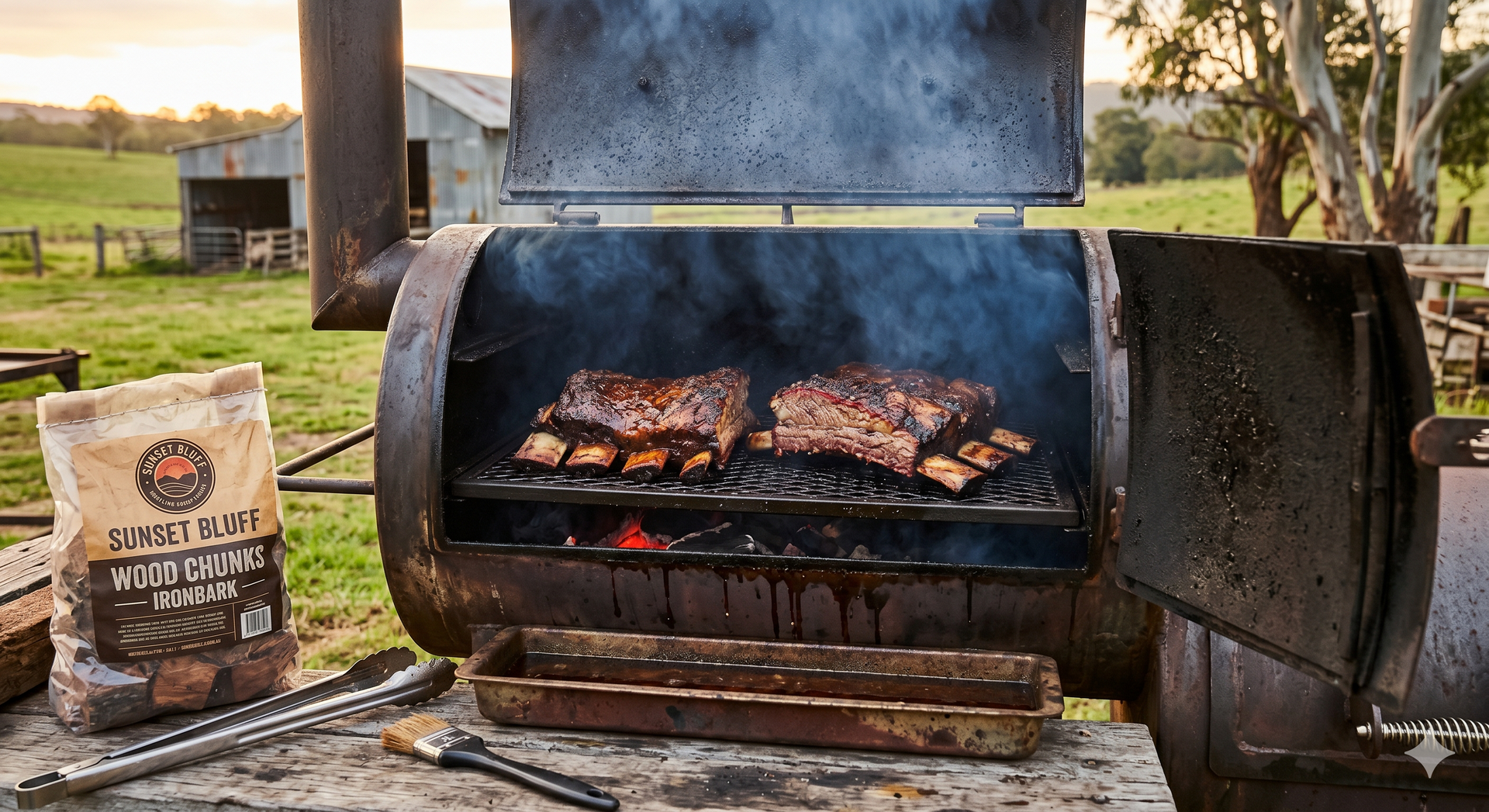A black barrel smoker grilling meat outdoors beside a charcoal bag at sunset