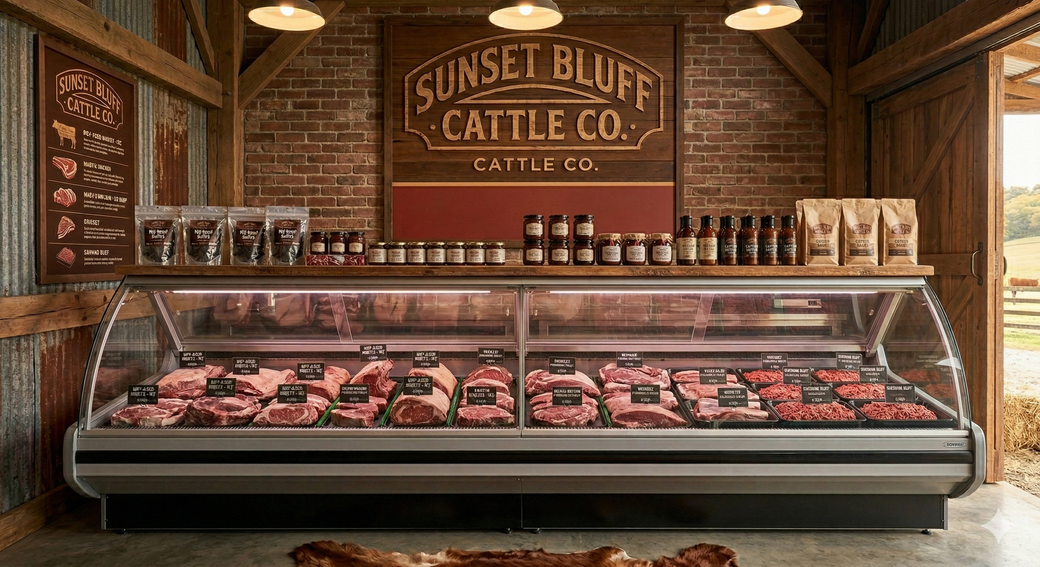 Butcher counter with rows of meat at Sunset Bluff Cattle Co., in a rustic brick storefront