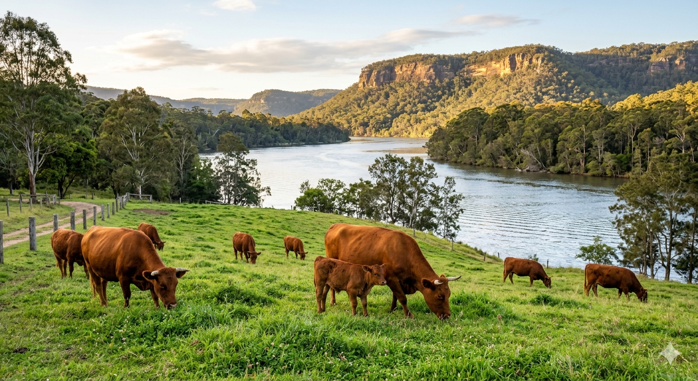 Brown cattle graze in a lush green pasture beside a wide river, with a tree-lined ridge in the background at sunset.