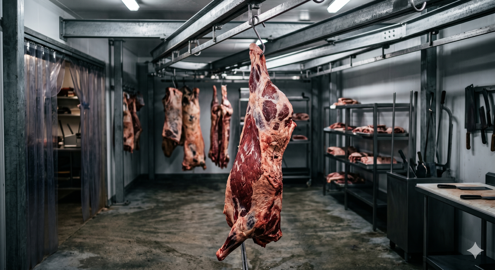 Hanging meat carcass in a stainless steel butcher room with tiled floors and shelves.