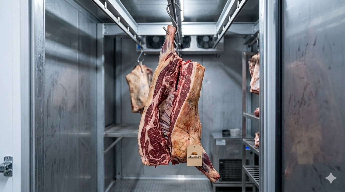 Hanging beef carcasses in a stainless-steel meat locker with overhead rails