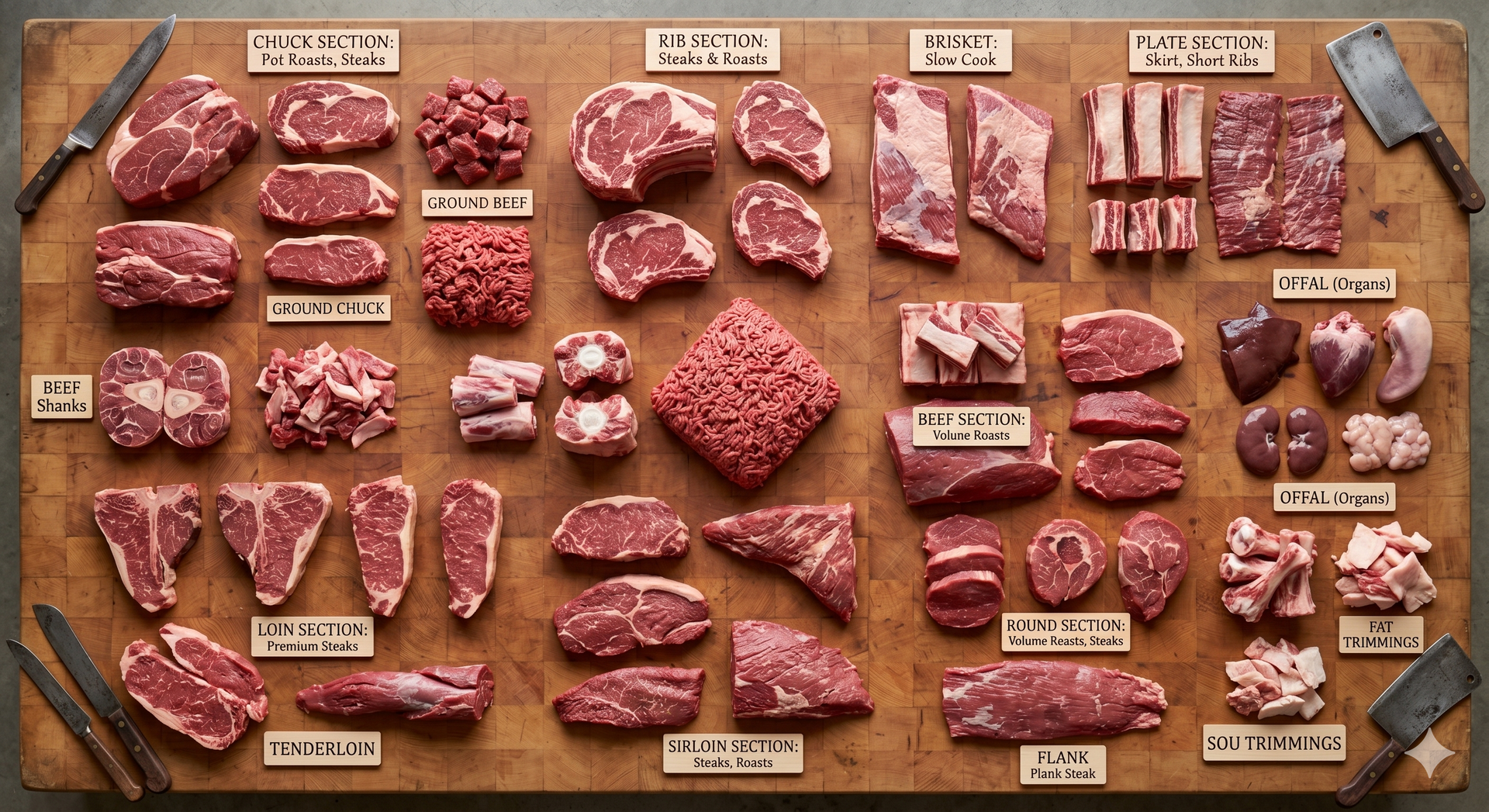 Hanging meat carcass in a stainless steel butcher room with tiled floors and shelves.