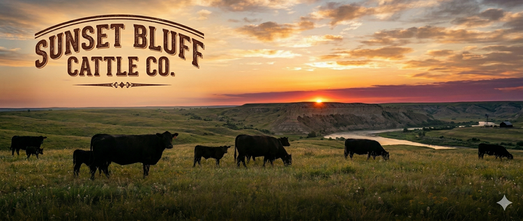 Cattle graze in a grassy field at sunset, with a river flowing through the distant landscape beneath a branded logo.