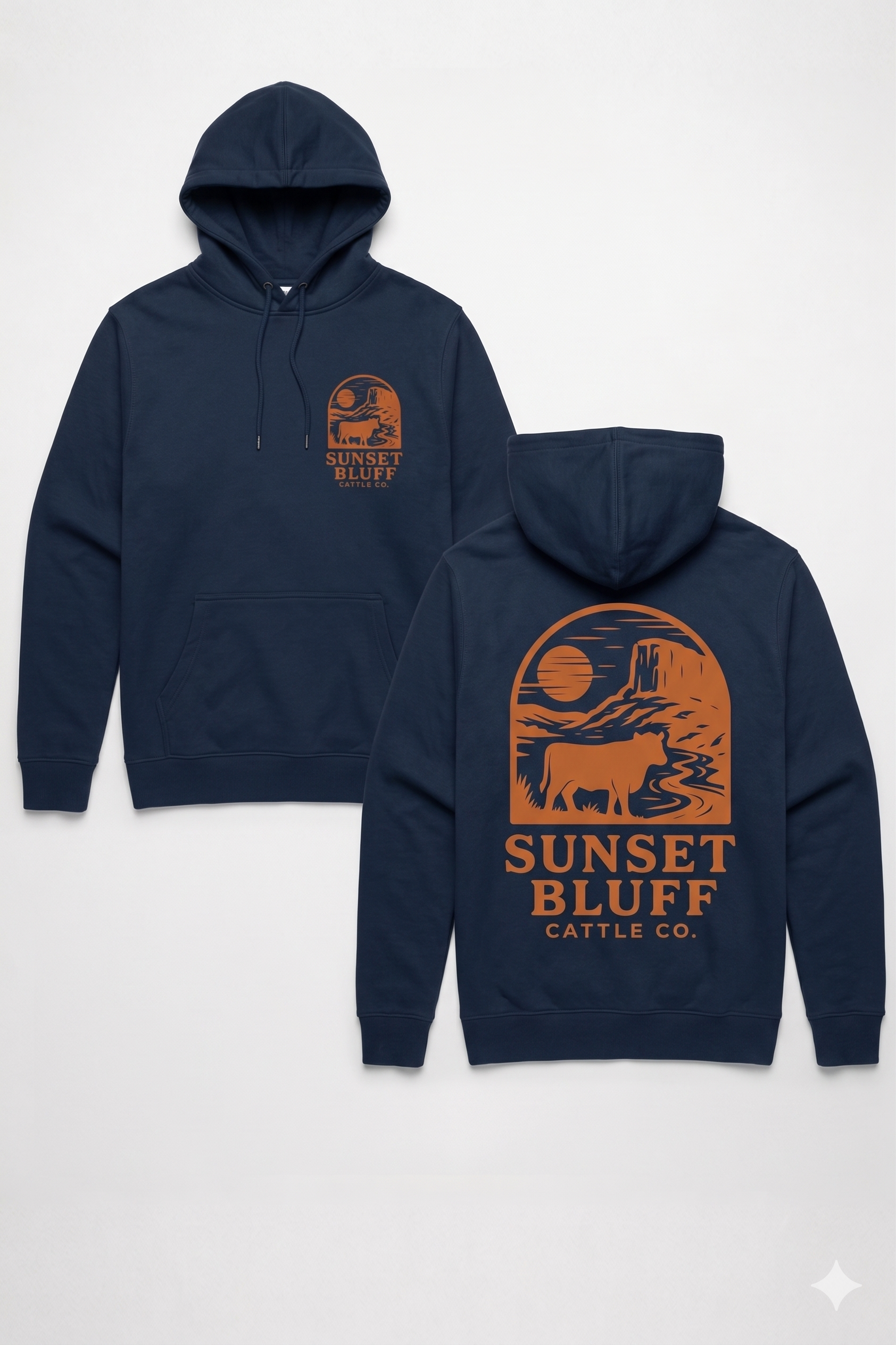 Sunset Bluff Navy hoodie with orange “Sunset Bluff” graphic on front and back, shown from two angles