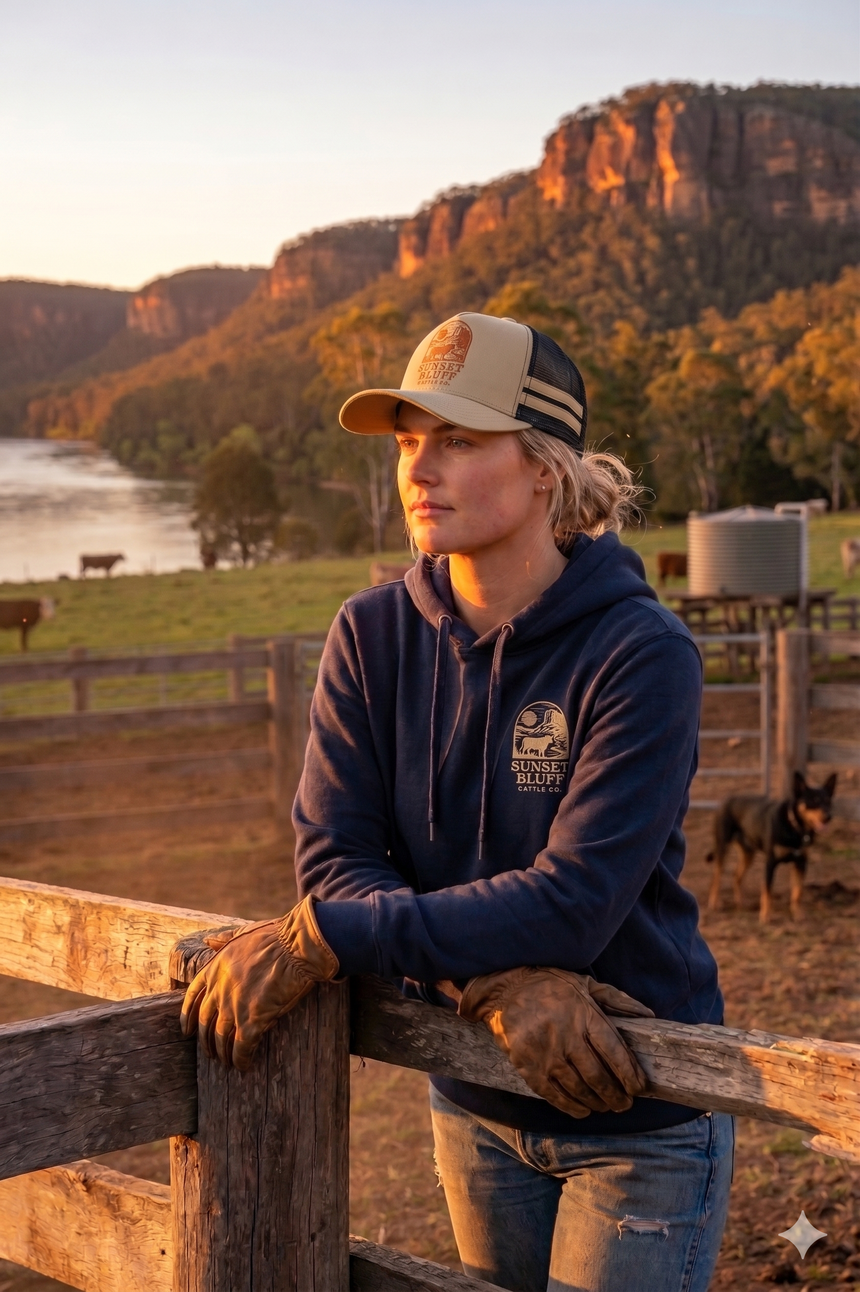 Sunset Bluff Navy hoodie with orange “Sunset Bluff” graphic on front and back, shown from two angles