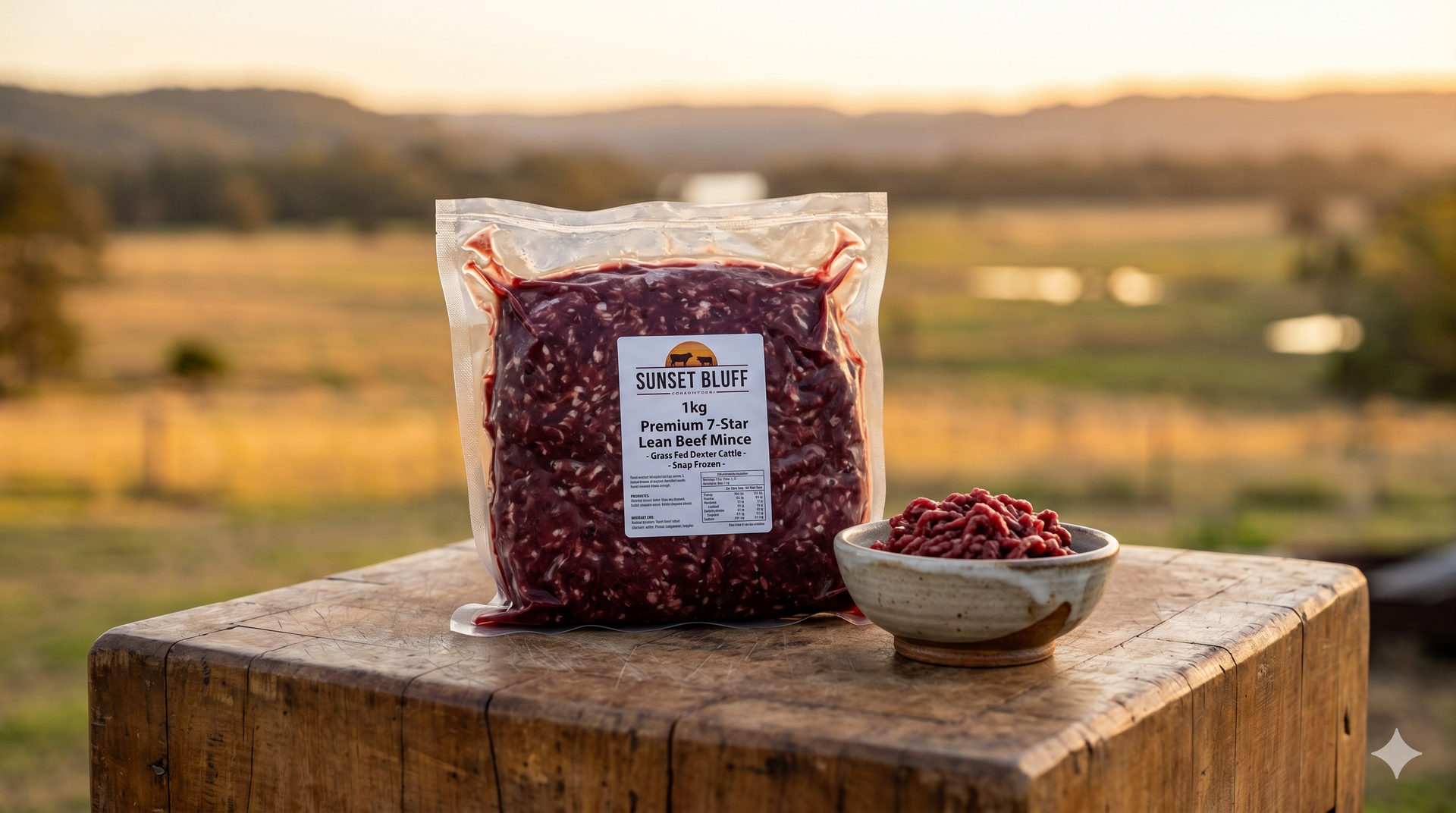 Premium 7 Star Lean Grass Free Range Beef Mince and a small bowl on a wooden in an outdoor landscape