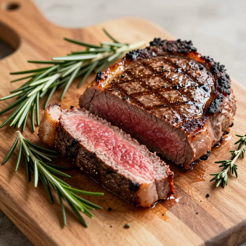A seared steak, sliced to show a medium-rare center, sits on a wooden cutting board with sprigs of fresh rosemary.