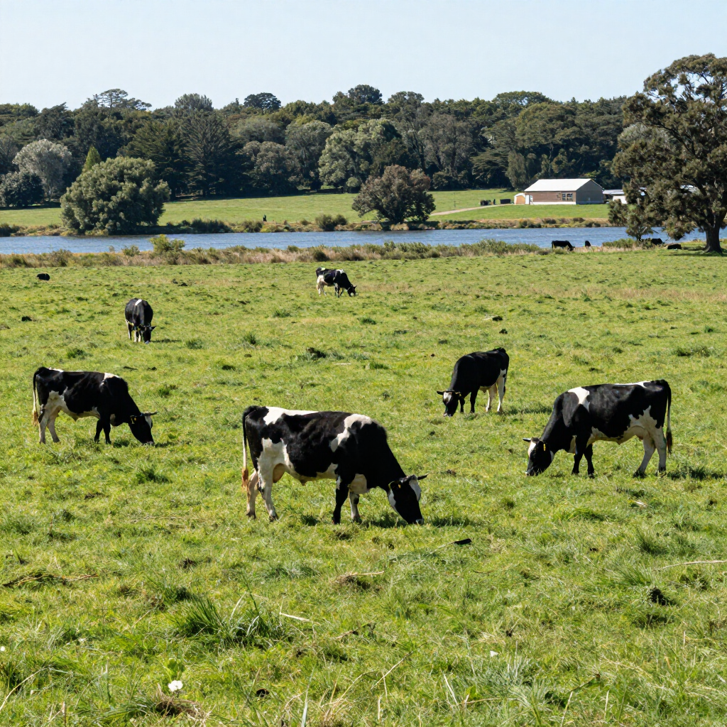Black and white cows graze in a lush, green pasture near a body of water with trees and a building in the background.