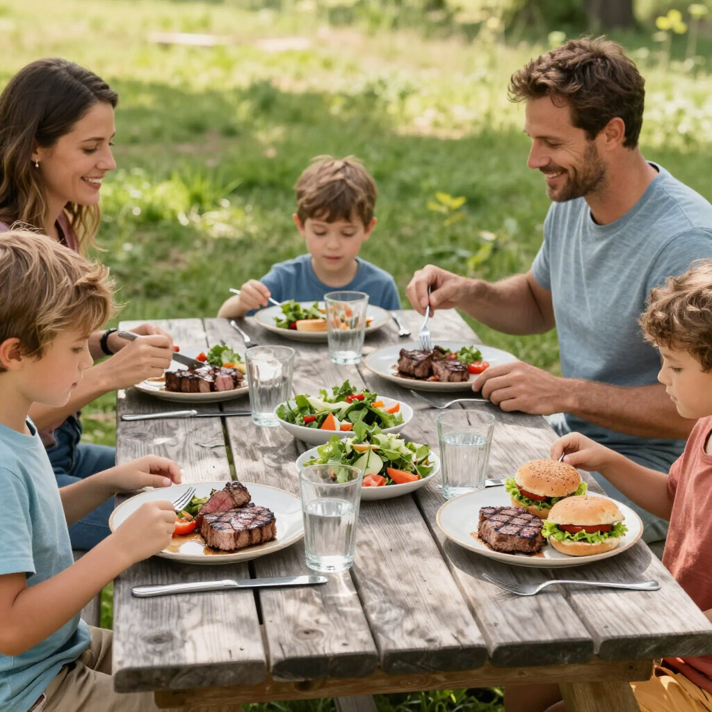 A family shares a meal of steaks and salads at a rustic wooden table in a sunny, grassy outdoor setting.