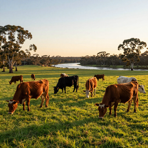 Cows graze in a lush green pasture beside a calm river at sunset, with scattered trees in the distance.