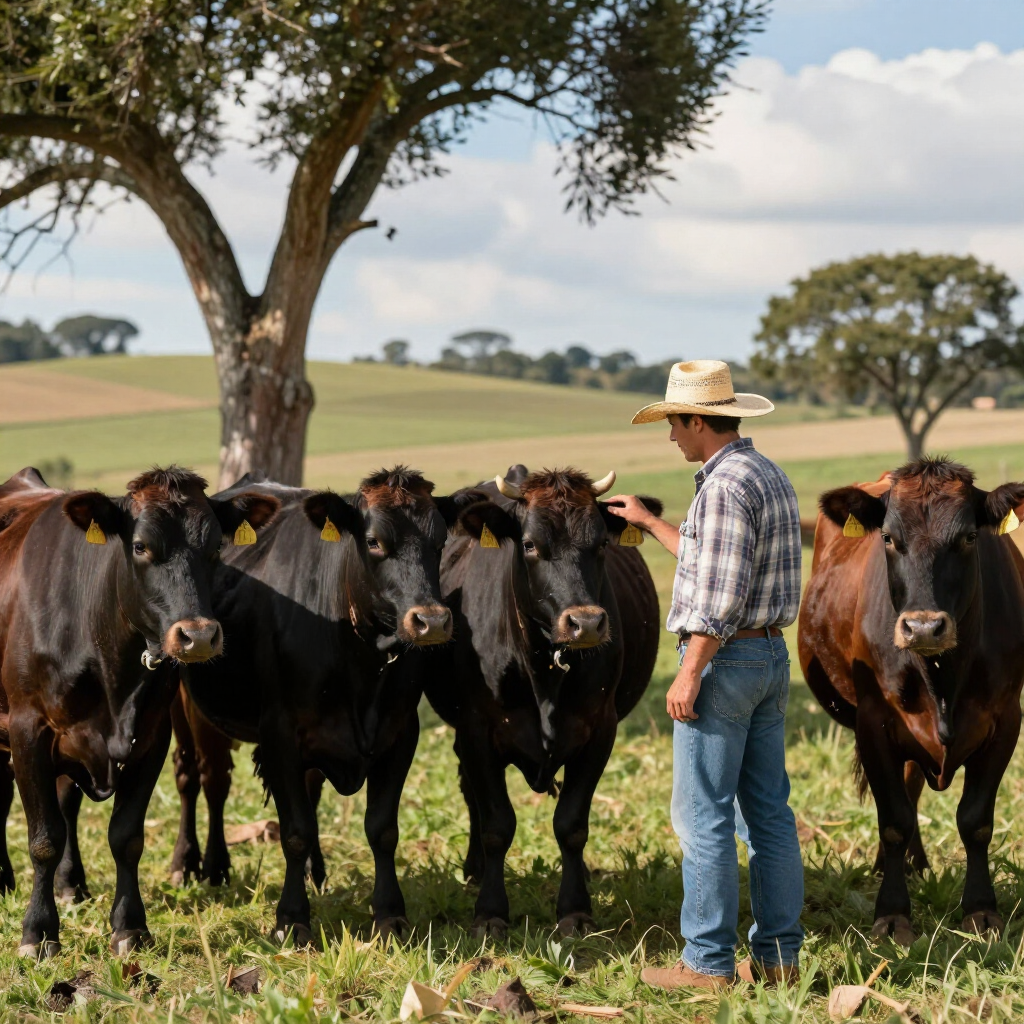 A farmer in a hat stands in a grassy field, interacting with a small herd of dark brown cows under a large tree.