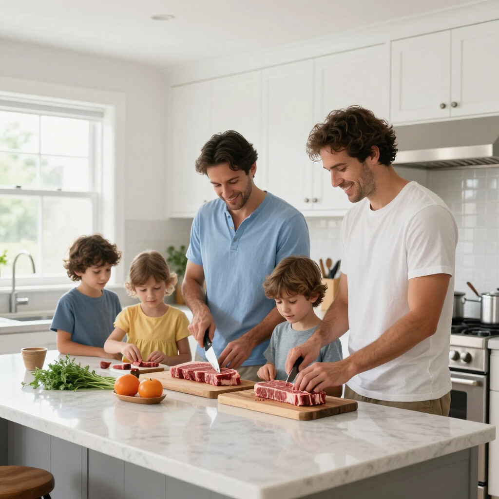 Two adults and two children stand at a kitchen island, focused on slicing raw meat on wooden cutting boards.