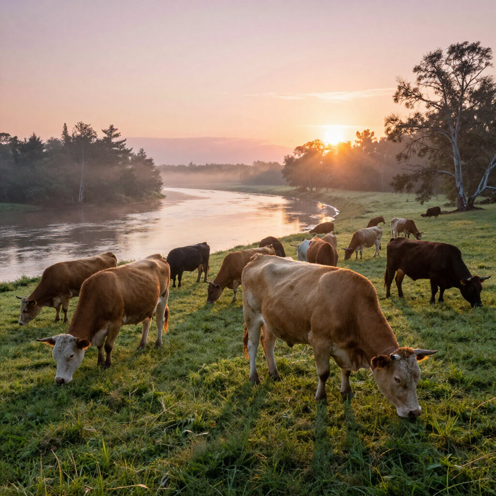 Cows graze in a green pasture beside a river at sunrise, with silhouettes of trees in the background.