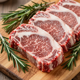 Four thick, marbled raw ribeye steaks arranged on a wooden cutting board, garnished with fresh rosemary sprigs.