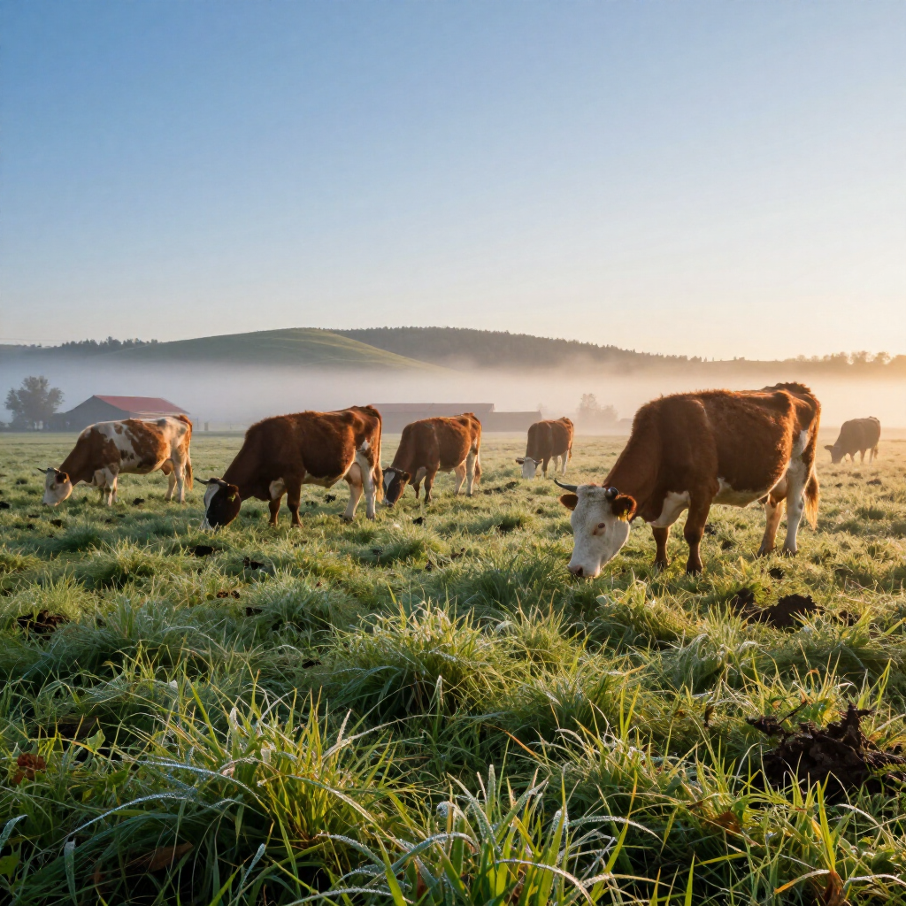 Cows graze in a foggy, dew-covered pasture during sunrise with a rolling hill in the distance.