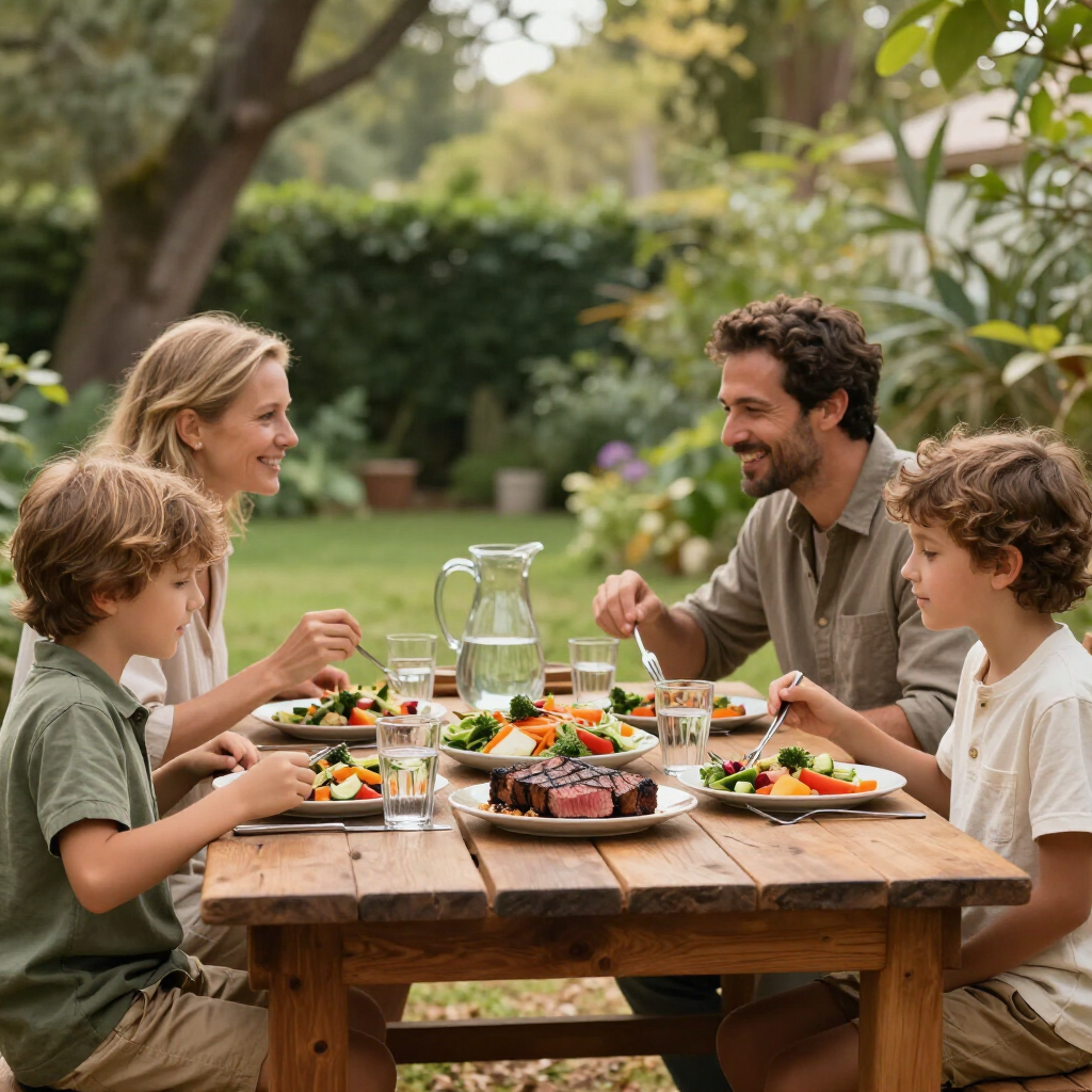 Family sharing a meal at a wooden table in a garden, smiling and talking outdoors.