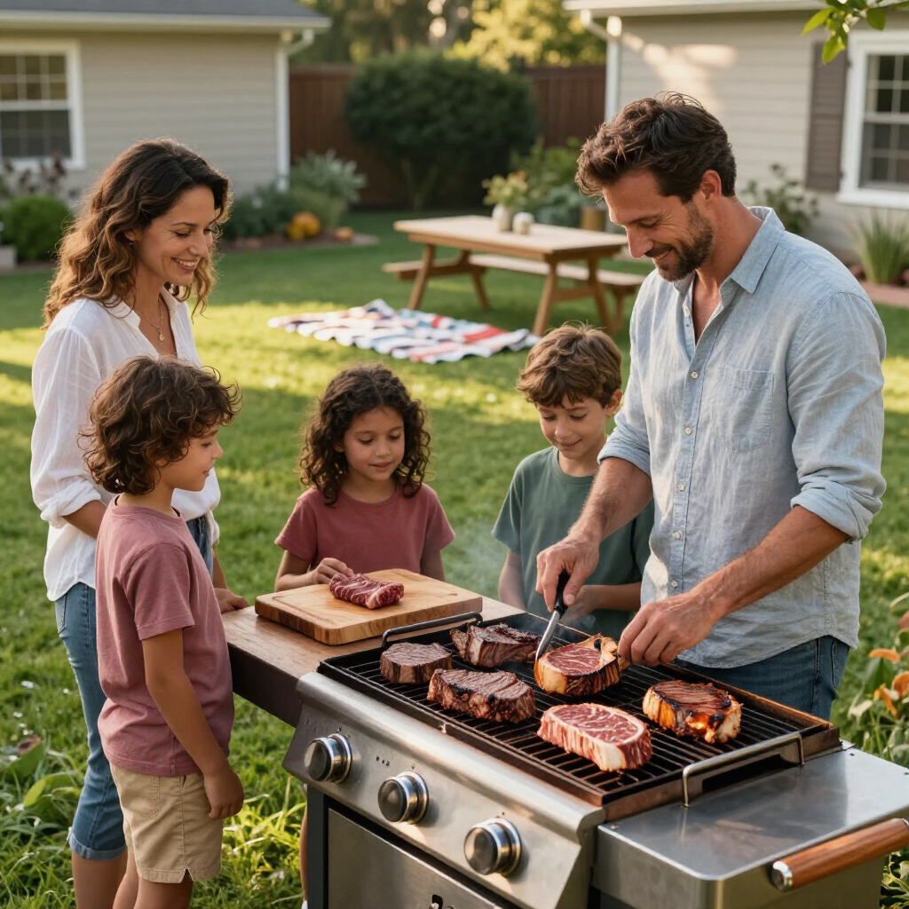 Family gathered around a backyard grill, cooking burgers and sausages at a picnic table