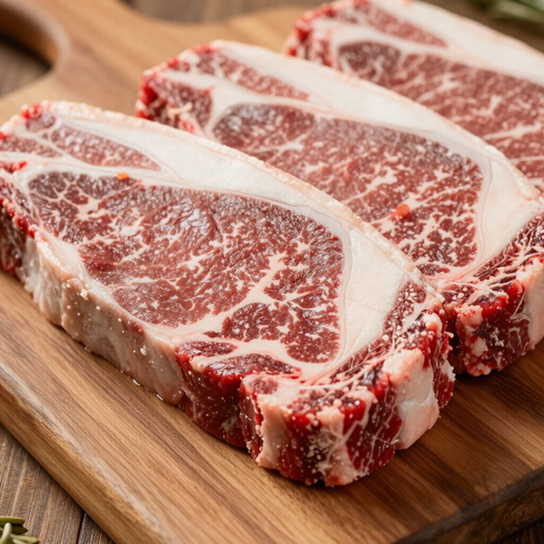 Three thick, raw, marbled beef steaks arranged in a row on a wooden cutting board.