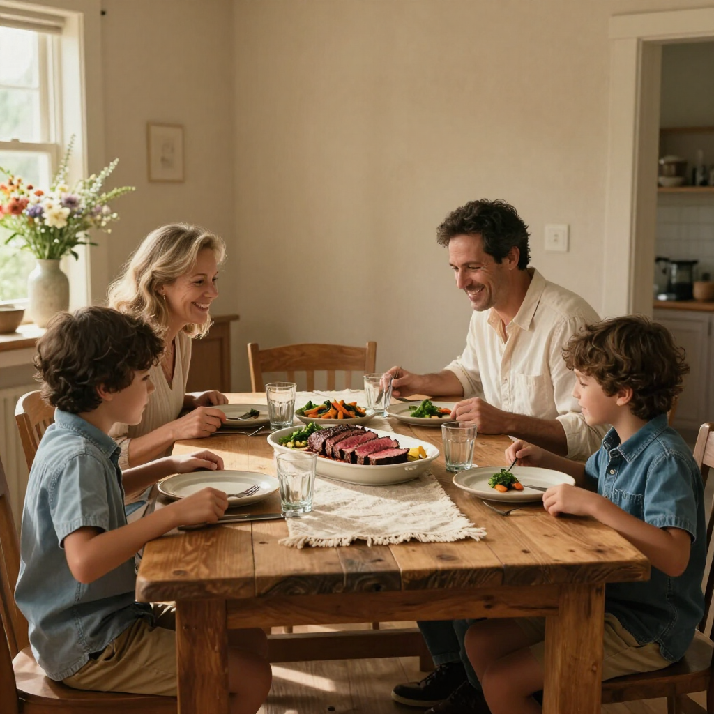 Family dining at a rustic table with a colorful meal in a bright, cozy kitchen