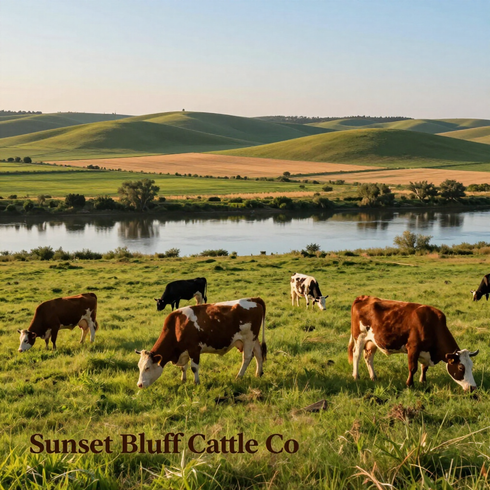 Cows graze in a green pasture beside a river at sunset, with a banner text that reads, 