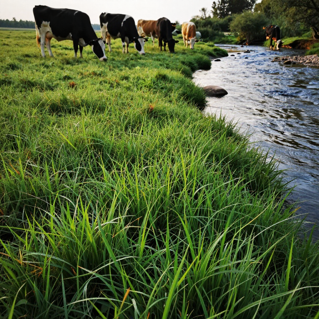 Several cows graze on lush green grass along the bank of a flowing stream.