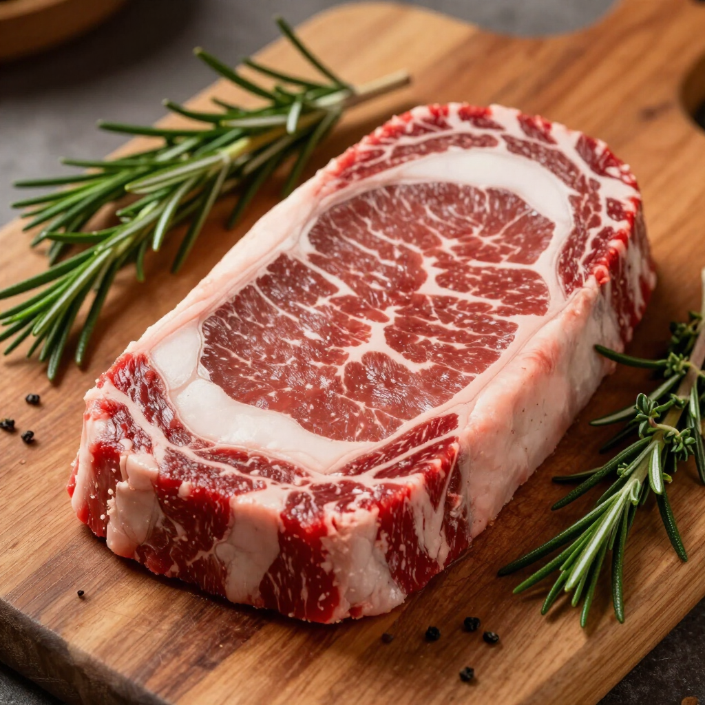 Raw marbled steak on a wooden cutting board with rosemary sprigs