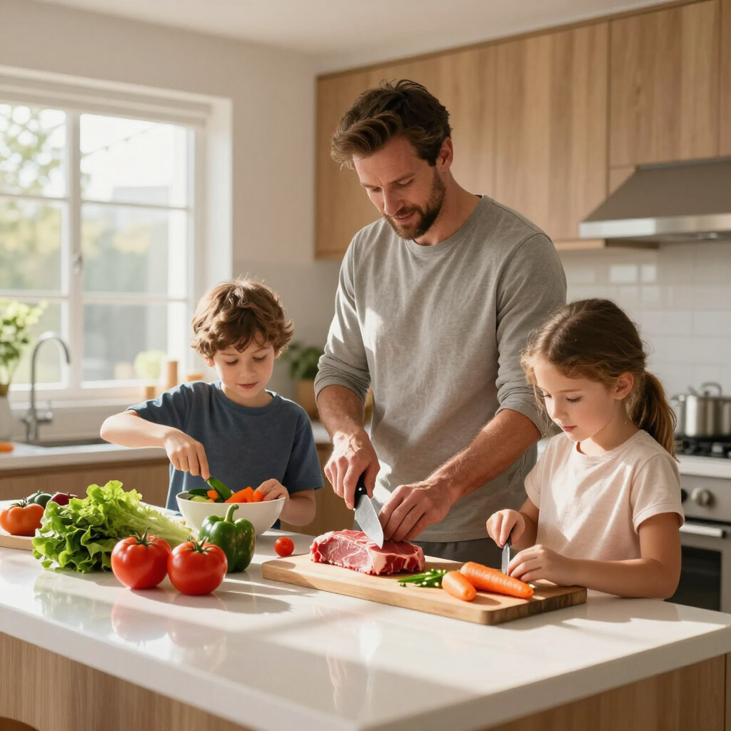 Adult and two children prepare vegetables together in a bright kitchen