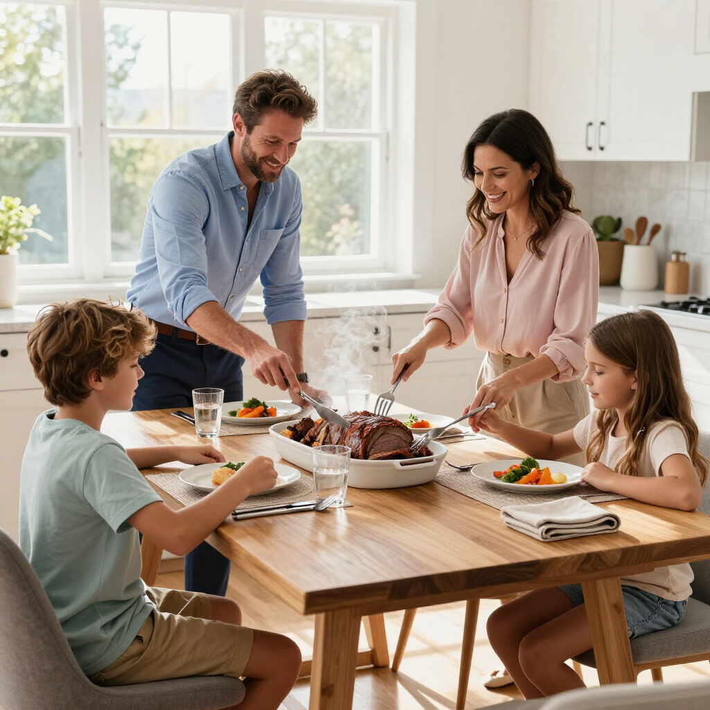 Family sharing a meal at a sunlit dining table in a bright kitchen