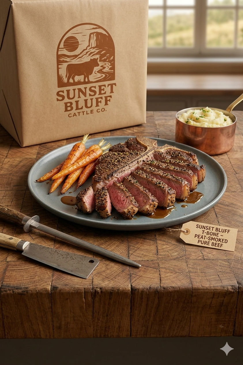A plate with sliced steak and carrots next to a Sunset Bluff Cattle Co. box and mashed potatoes on a wooden surface.