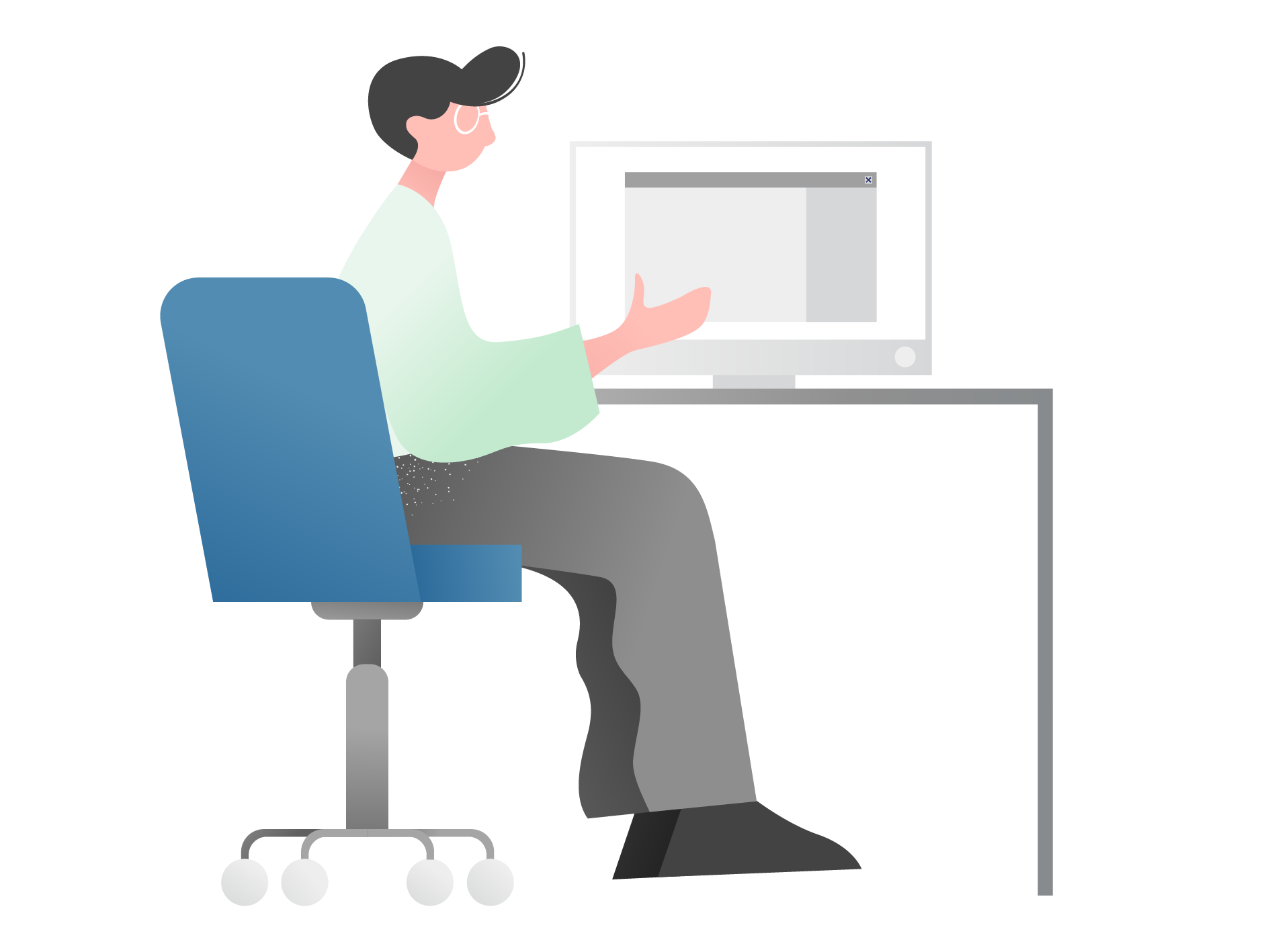 A man is sitting at a desk in front of a computer.