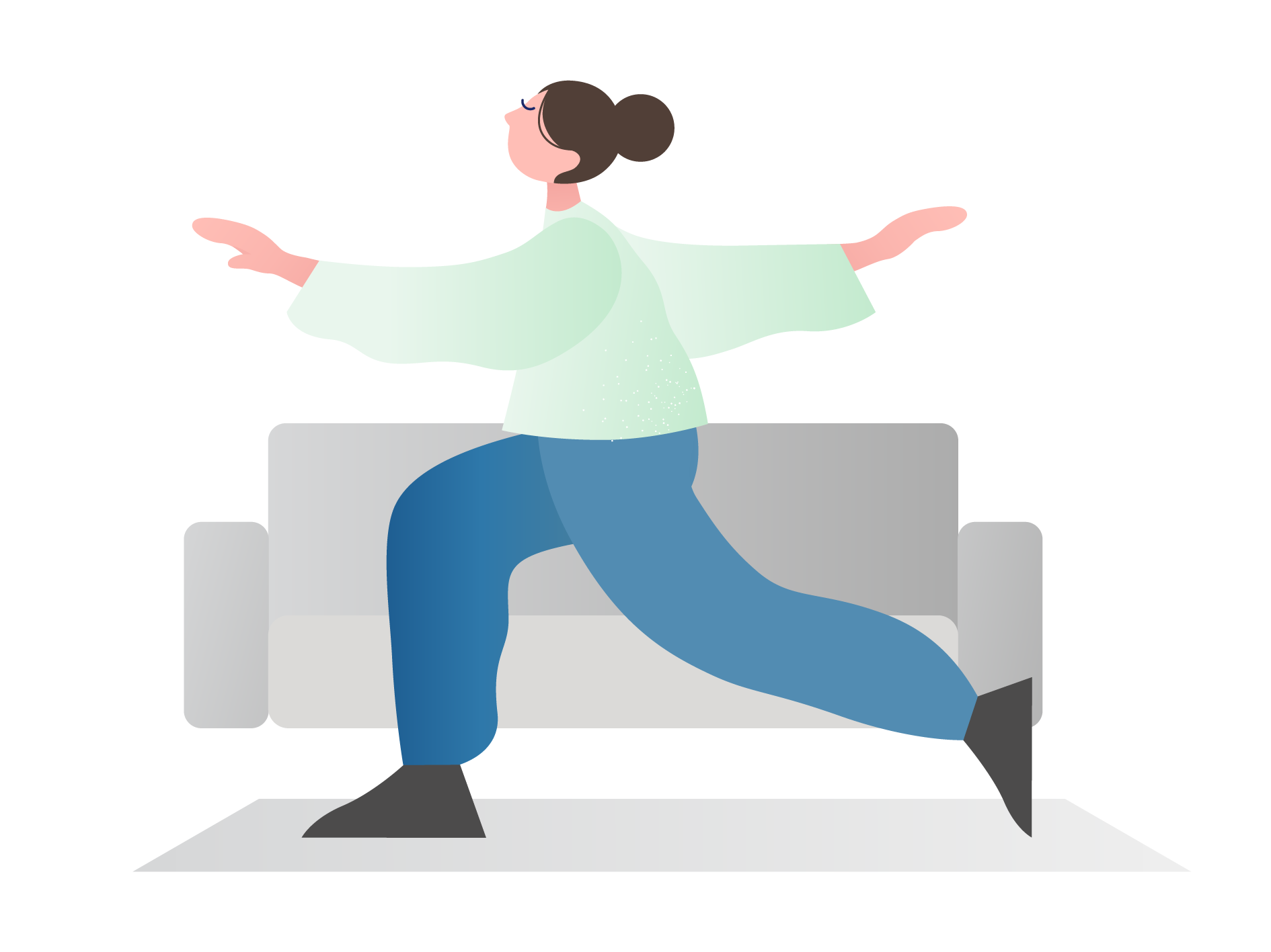 A woman is standing in front of a couch with her arms outstretched.