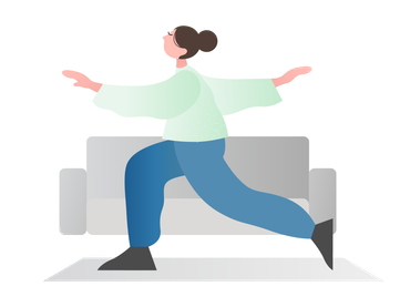 A woman is standing in front of a couch with her arms outstretched.
