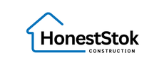 A logo for honeststok construction with a blue house on a white background.