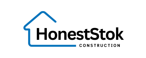 A logo for honeststok construction with a blue house on a white background.
